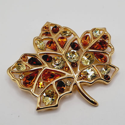 Vintage Nolan Miller Maple Leaf Brooch Gold Plated Rhinestone Glamour Collection 2 3/8"