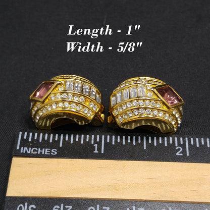Vintage Christian Dior Earrings – 1980s Gold Plated Half Hoop Pave Rhinestone & Purple Crystal – Signed Chr. Dior Pat. 2733491