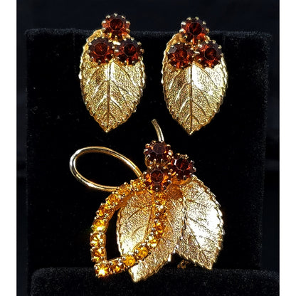 Vintage Judy Lee Gold Leaf Brooch & Earrings Set Topaz Rhinestones 1950s