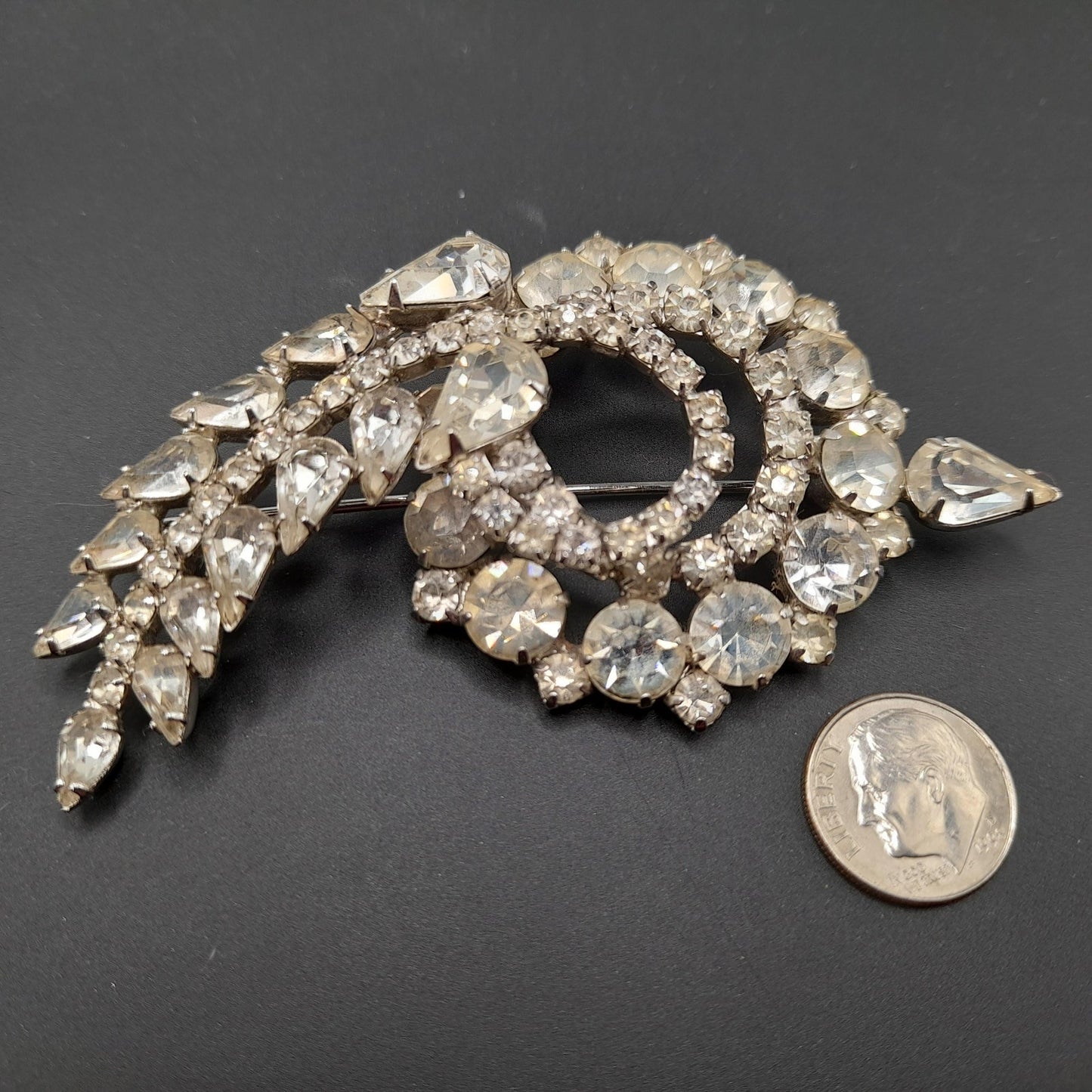 Mid-Century Clear Floral Spray Brooch, Rhodium Plated, Wedding Brooch, 1960s Vintage Jewelry