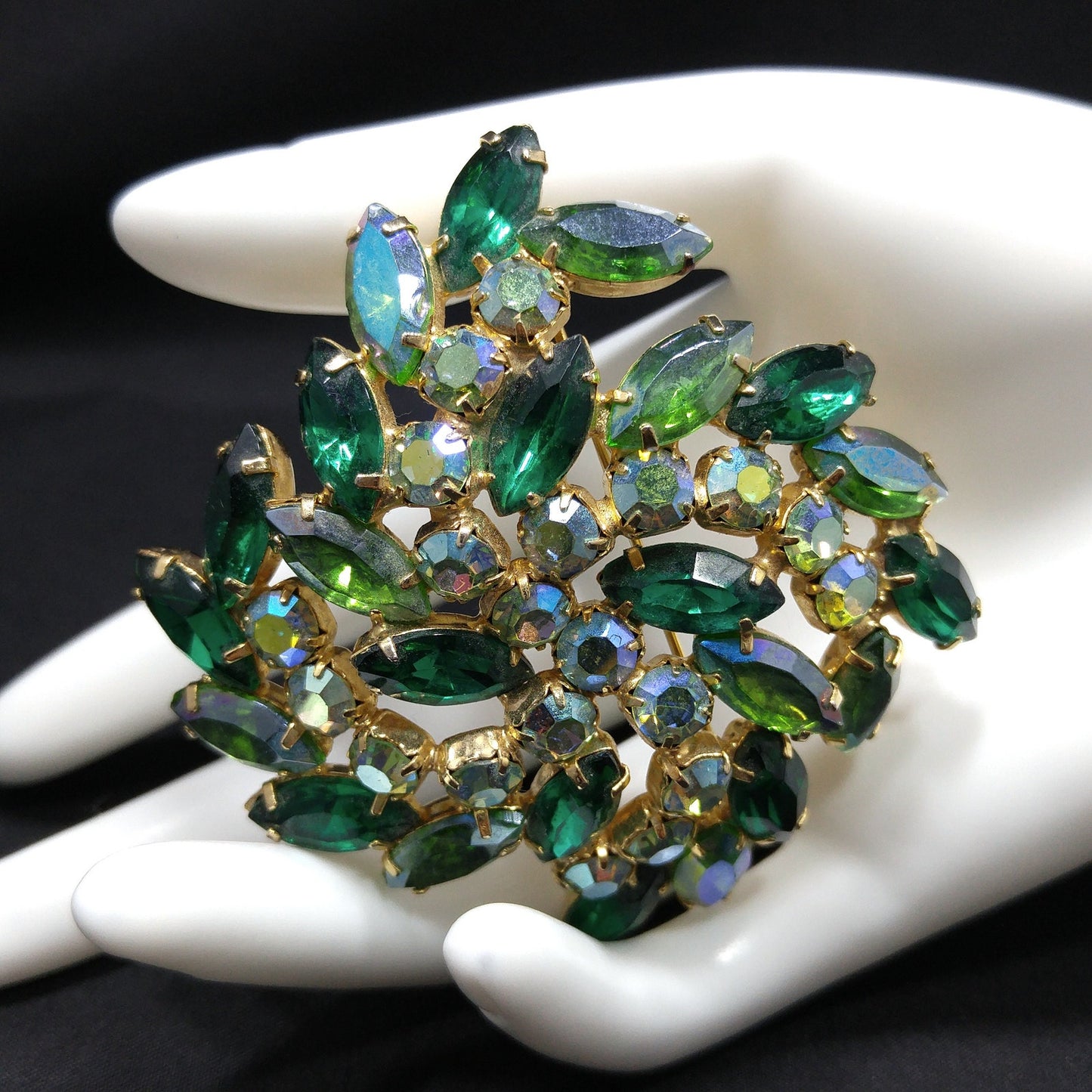 Green Aurora Borealis Rhinestone Brooch, Gold Plated, 1960s Vintage Jewelry