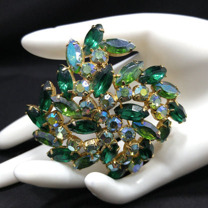 Green Aurora Borealis Rhinestone Brooch, Gold Plated, 1960s Vintage Jewelry