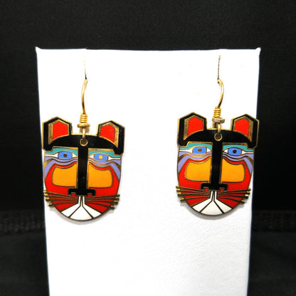 Laurel Burch "Miikio" Earrings, Gold Plated Enamel Large Cat Faces, 1980s Vintage Jewelry
