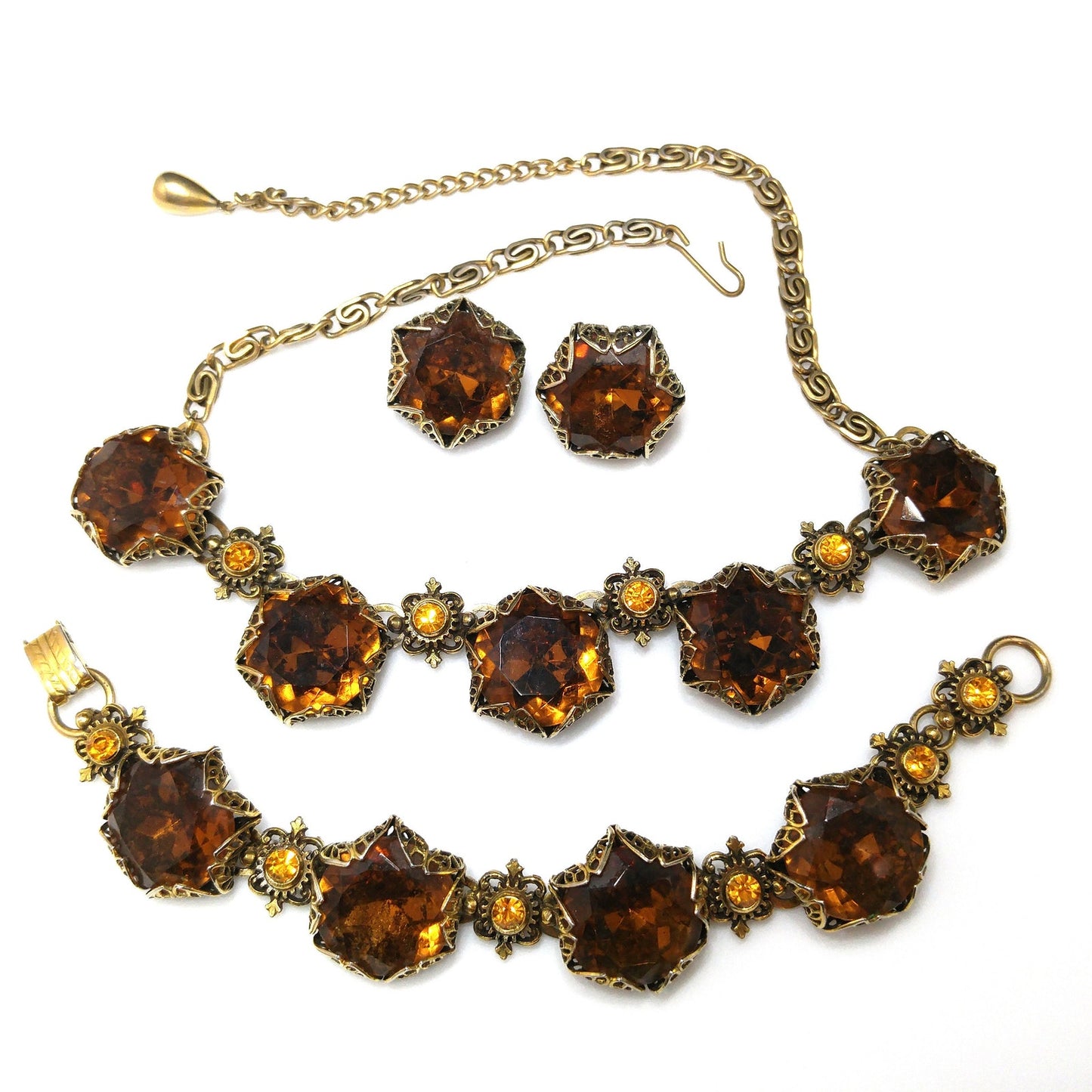 Vintage Topaz Glass Necklace Bracelet Earrings Set, Filigree Golden Brass, 1950s Vintage Jewelry