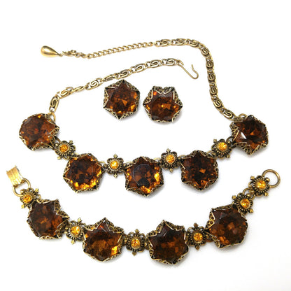 Vintage Topaz Glass Necklace Bracelet Earrings Set, Filigree Golden Brass, 1950s Vintage Jewelry