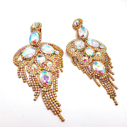 Runway Aurora Borealis Rhinestone Clip Earrings – Gold Tone Statement Jewelry