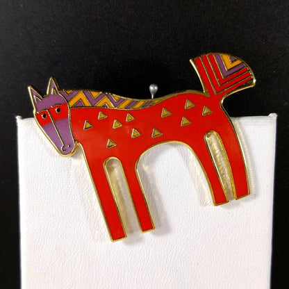Laurel Burch "Inca" Red Horse Brooch, Cloisonné Gold Plated, 1980s Vintage Jewelry