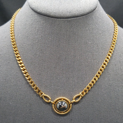 Louis Feraud Paris Gold Plated Pendant Necklace, Hematite Pendant, 1970s Vintage Jewelry