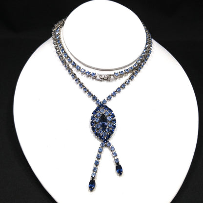Mid Century Blue Rhinestone Rhodium Plated Necklace, Light & Dark Blue Rhinestones, 1960s Vintage Jewelry