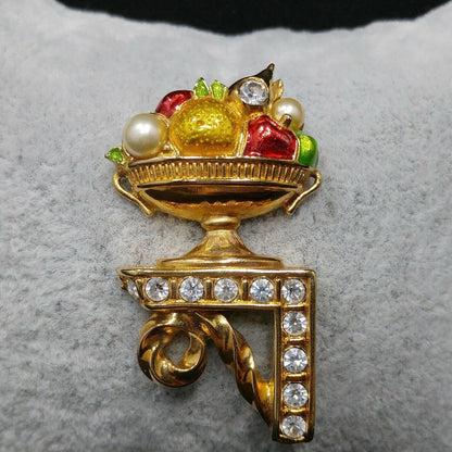 Swarovski Fruit Bowl Brooch, Enamel & Rhinestones, Vintage 1980s