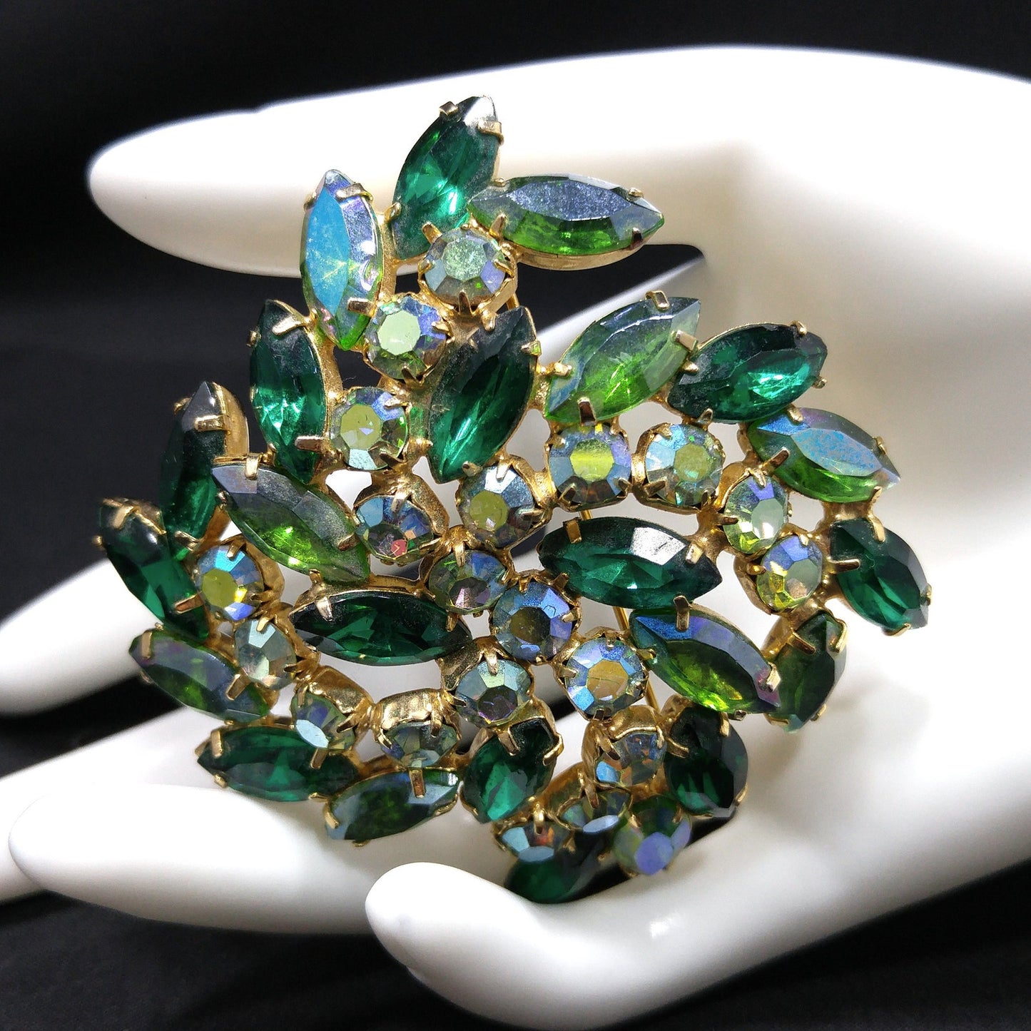 Green Aurora Borealis Rhinestone Brooch, Gold Plated, 1960s Vintage Jewelry