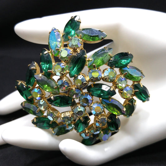 Green Aurora Borealis Rhinestone Brooch, Gold Plated, 1960s Vintage Jewelry