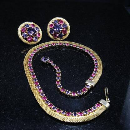 Vintage Weiss Mesh Necklace & Earrings Set, Purple Pink Rhinestones, 1950s