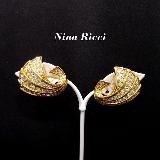 Nina Ricci Gold Plated Earrings, Pave Clear Rhinestones, 1960s Vintage Jewelry