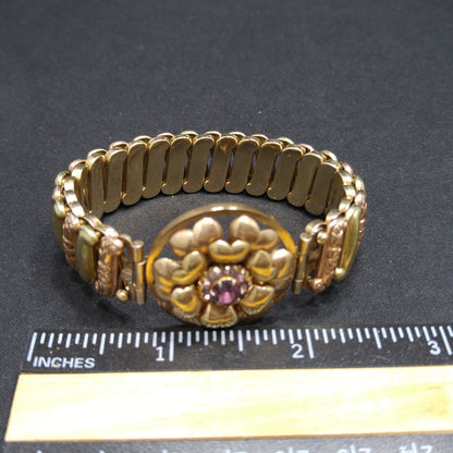 Antique Lustern Expansion Sweetheart Bracelet, 12KGF Sterling, Purple Rhinestones, 1920s Vintage Jewelry