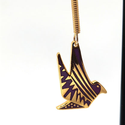 Laurel Burch Long Ear Wire Bird Earrings, Purple Enamel, Gold Plated, 1990s Vintage Jewelry