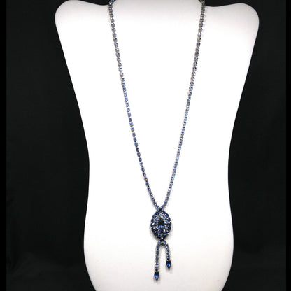 Mid Century Blue Rhinestone Rhodium Plated Necklace, Light & Dark Blue Rhinestones, 1960s Vintage Jewelry