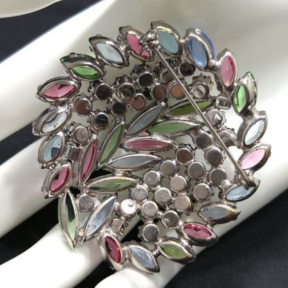 Pastel Rhinestone Floral Brooch, Rhodium Plated, Open Back Stones, 1960s Vintage Jewelry
