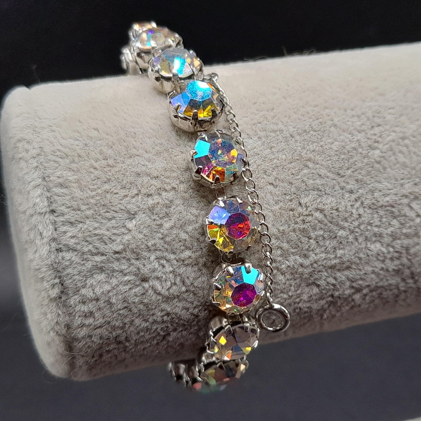 Weiss Style Aurora Borealis Crystal Bracelet, Rhodium Plated, Safety Chain, Vintage Jewelry