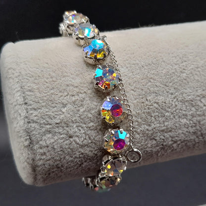 Weiss Style Aurora Borealis Crystal Bracelet, Rhodium Plated, Safety Chain, Vintage Jewelry