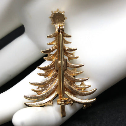 Vintage Christmas Tree Brooch – 1950s 1960s Gold-Plated Holiday Pin with Red & Green Rhinestones