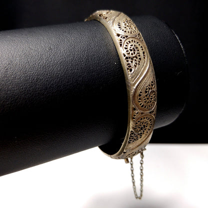 Art Nouveau Silver Filigree Hinged Bracelet, Gold Washed, 1920s Vintage Jewelry