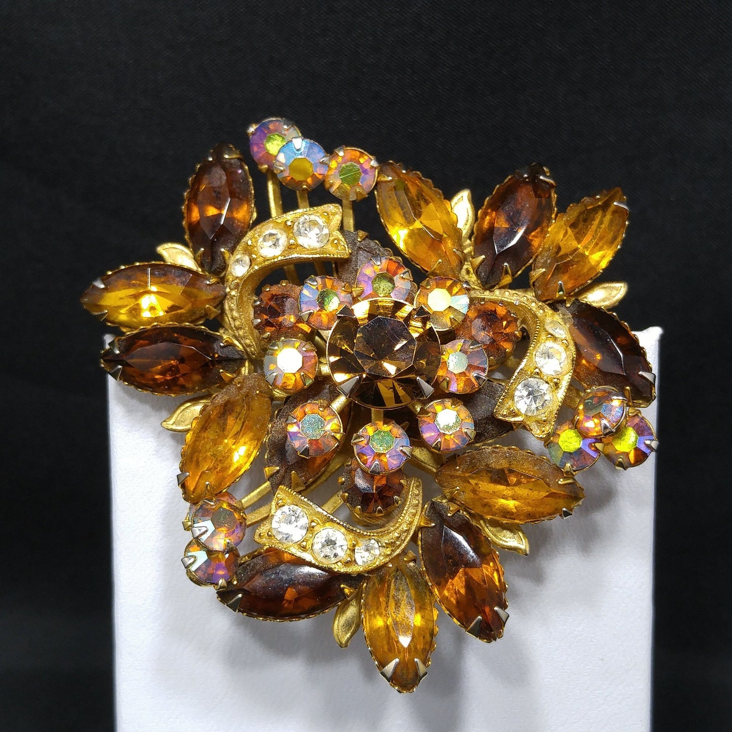 Fall Rhinestone Ribbon Brooch, Topaz Rhinestones, Aurora Borealis, 1950s Vintage Jewelry