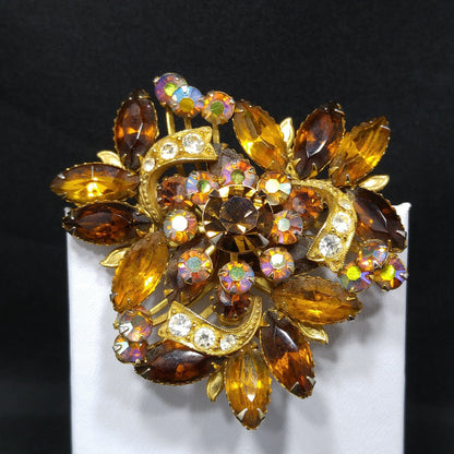 Fall Rhinestone Ribbon Brooch, Topaz Rhinestones, Aurora Borealis, 1950s Vintage Jewelry