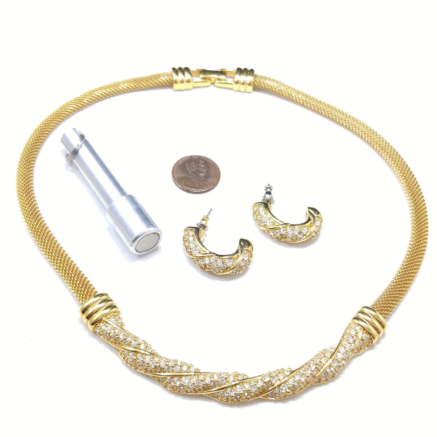 Vintage Swarovski Mesh Necklace & Earrings Set – Gold Plated with Rhinestones