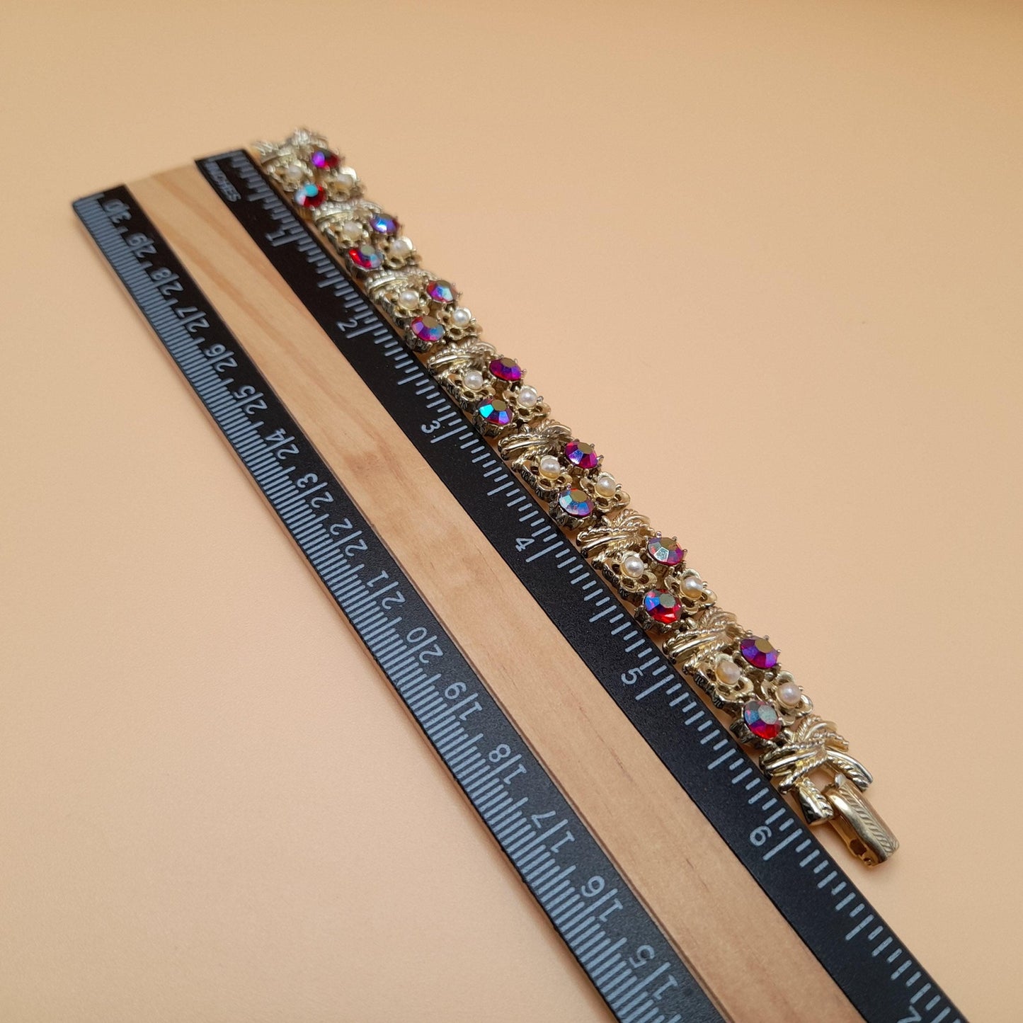 Vintage Coro Red Rhinestone Bracelet, Aurora Borealis, 1950s, 6 1/4 In