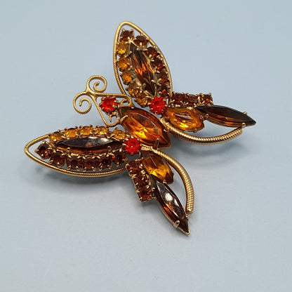 Vintage Butterfly Brooch Topaz Orange Gold Rhinestones