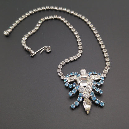 Mid-Century Turquoise Blue Clear Rhinestone Choker Necklace, Rhodium Plated, 1960s Vintage Jewelry
