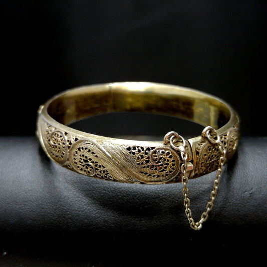 Art Nouveau Silver Filigree Hinged Bracelet, Gold Washed, 1920s Vintage Jewelry