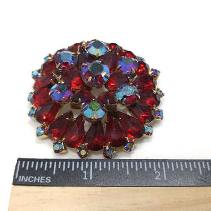 Ruby Red Rhinestone Brooch, Aurora Borealis, Gold Plated, 1960s Vintage Jewelry