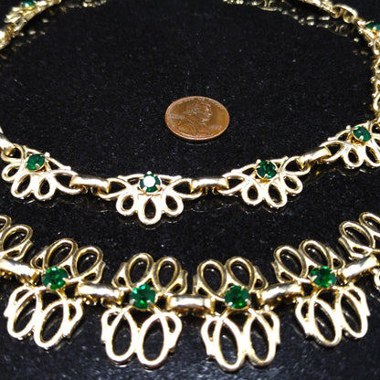Green Rhinestone Necklace & Bracelet Set, Gold Tone, 1950s Vintage Jewelry