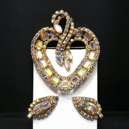 Vintage Gold Aurora Borealis Brooch Earrings, Gold Plated, 1960s Vintage Jewelry