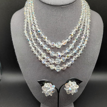 Clear Aurora Borealis Crystal Necklace Earrings Set, Four Strands, Clip Earrings, 1950s Vintage Jewelry