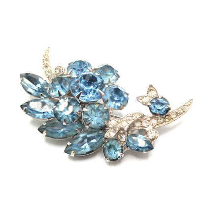 Eisenberg Ice Light Blue Floral Brooch, Rhodium Plated, 1960s Vintage Jewelry