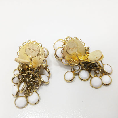 Vintage Sorrelli White Crystal Cluster Clip Earrings 1990s Gold Tone Signed
