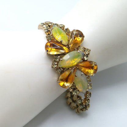 Topaz Opalescent Rhinestone Bracelet, Gold Plated, 1960s Vintage Jewelry