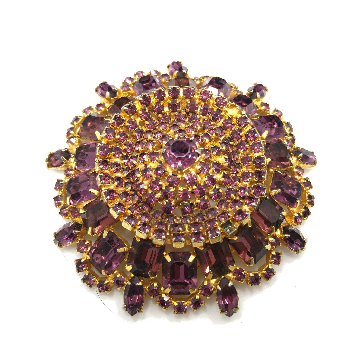 Large Purple Rhinestone Brooch & Clip Earrings, Gold Plated, 1960s Vintage