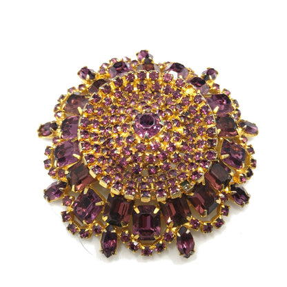 Large Purple Rhinestone Brooch & Clip Earrings, Gold Plated, 1960s Vintage
