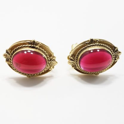 Vintage Whiting & Davis Co Red Gold Clip Earrings 1960s Gold Tone, Red Cabochon