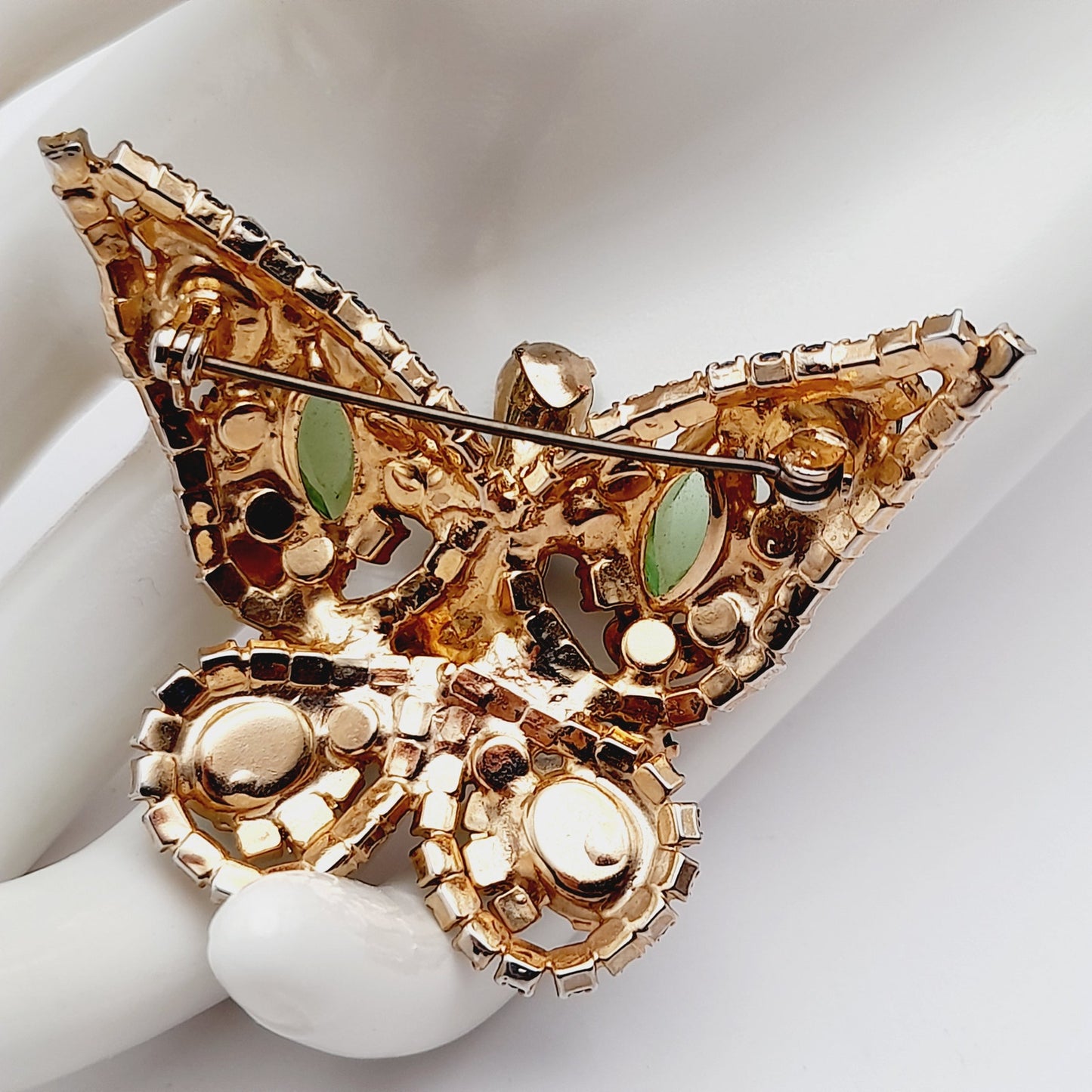 Vintage Butterfly Rhinestone Brooch – Sapphire Blue, Green & Art Glass Cabochon, Gold Tone Statement Jewelry