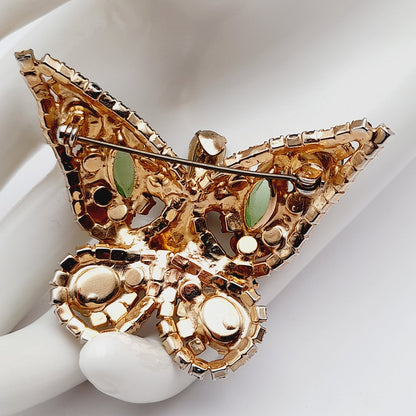 Vintage Butterfly Rhinestone Brooch – Sapphire Blue, Green & Art Glass Cabochon, Gold Tone Statement Jewelry
