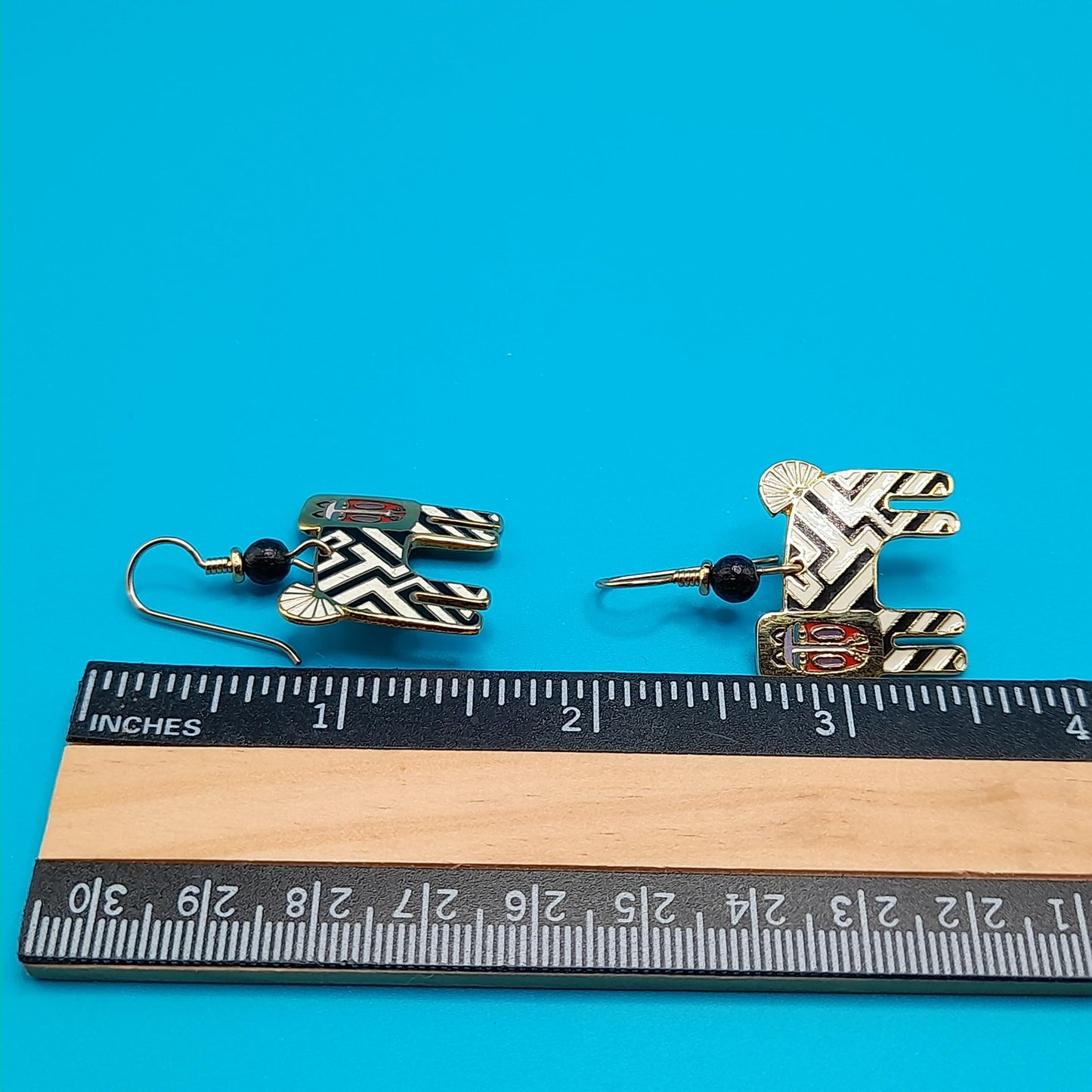 Laurel Burch "Zzzebra" Drop Earrings, Cloisonne Enamel, Gold Plated, 1980s