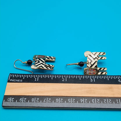 Laurel Burch "Zzzebra" Drop Earrings, Cloisonne Enamel, Gold Plated, 1980s