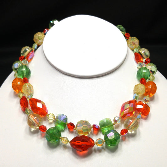 Crystal & Molded Glass Beaded Necklace, Orange Green Yellow, 1950s Vintage Jewelry