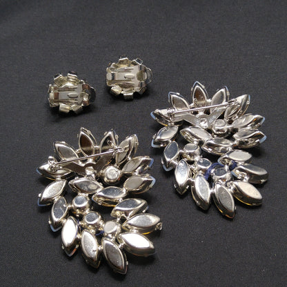 Twin Faux Opal Rhinestone Brooches & Earrings, Rhodium Plated, 1960s Vintage Jewelry