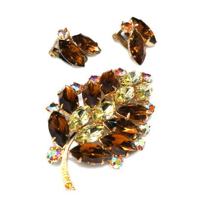Mid-Century Topaz Jonquil Rhinestone Leaf Brooch Earrings Set, 1960s Vintage Jewelry